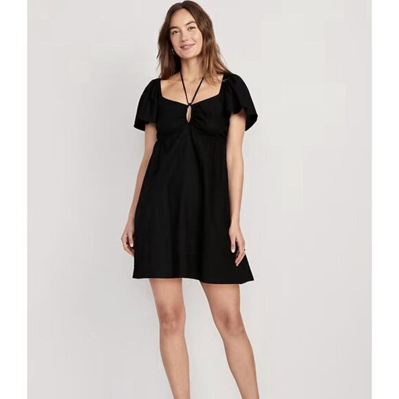 Old Navy Women's Peasant Dress Size L Tall Black Smocked Linen Coastal Boho - Picture 1 of 11